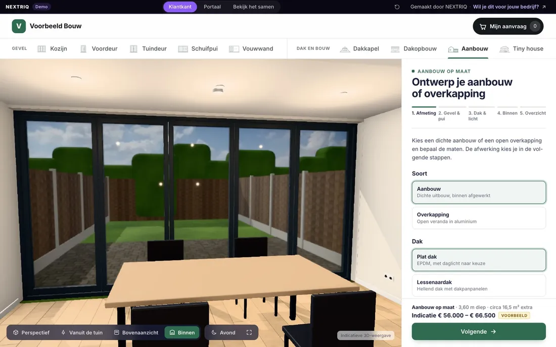 3D-configurator voor aanbouwen: de aanbouw van binnen gezien, met daglicht door de lichtstraat