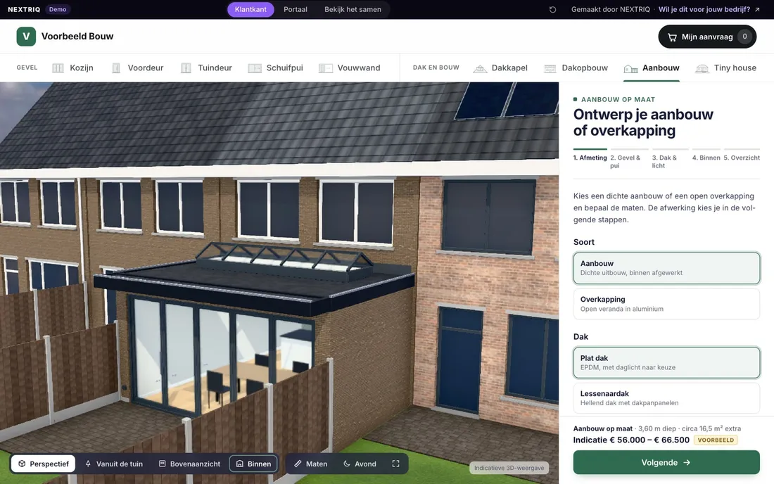 3D-configurator voor aanbouwen: aanbouw met plat dak, lichtstraat en aluminium vouwwand aan een rijtjeshuis