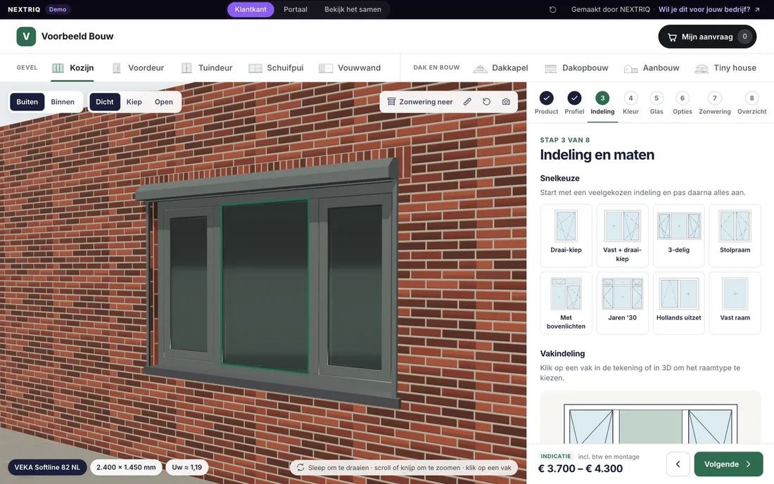 3D-configurator voor kozijnen: antraciet kunststof kozijn met opbouwrolluik in een bakstenen gevel, met de stap zonwering ernaast