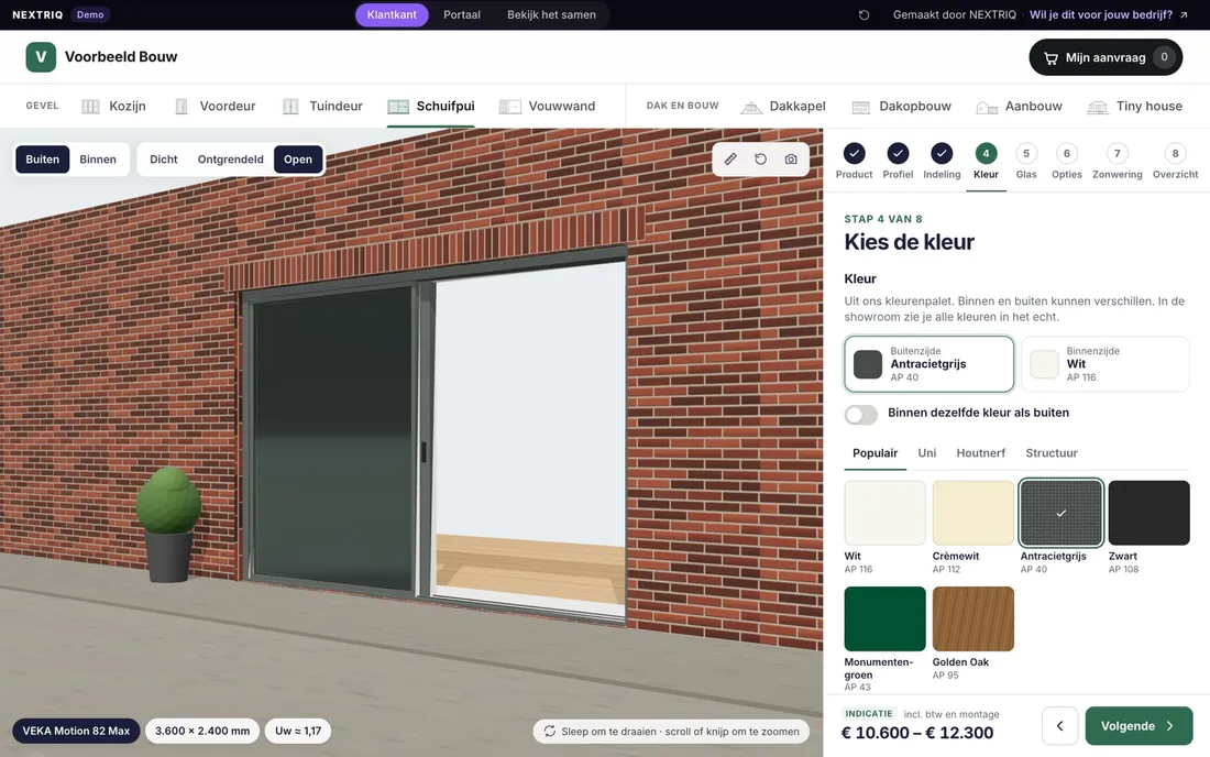 3D-configurator voor schuifpuien: hefschuifpui in een achtergevel, open geschoven