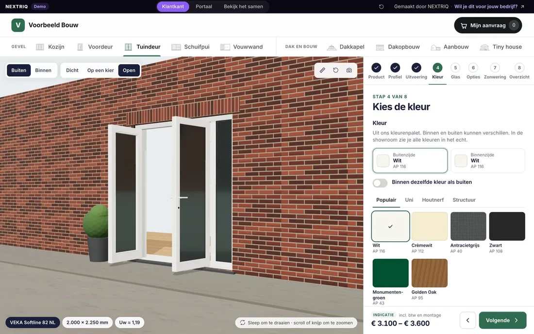 3D-configurator voor tuindeuren: openslaande tuindeuren die open staan, in een bakstenen achtergevel