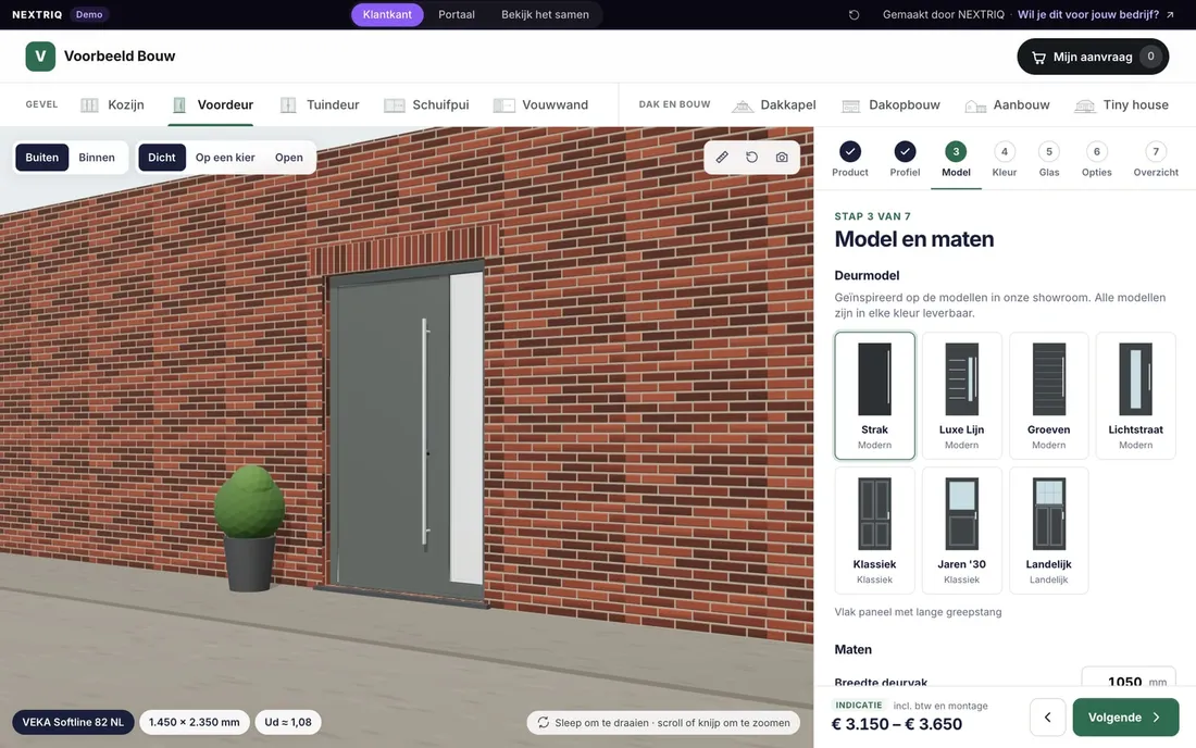 3D-configurator voor voordeuren: kunststof voordeur in een gevel met de keuze van het deurmodel