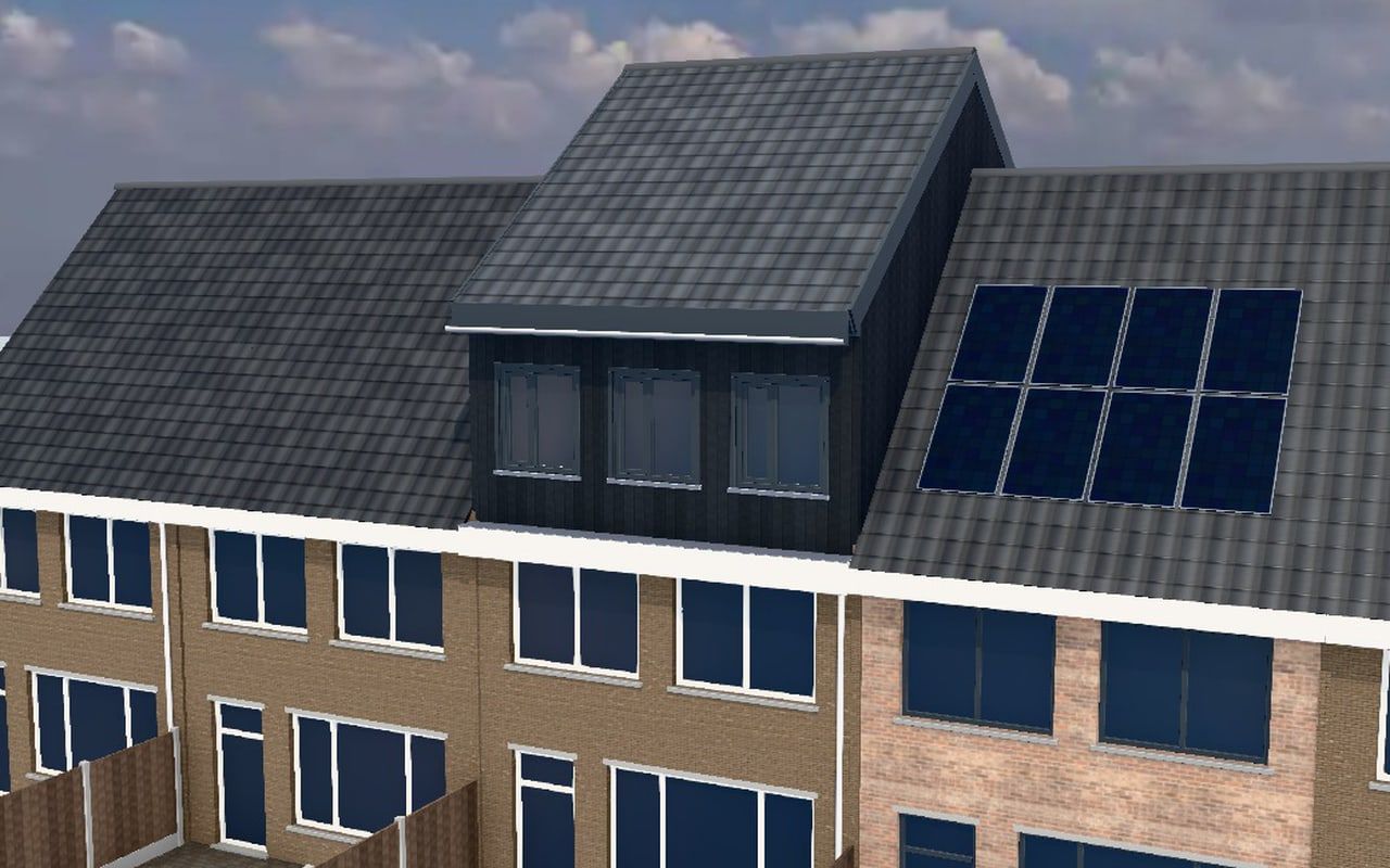 Dakopbouw op een rijtjeshuis die in 3D wisselt tussen zadeldak, lessenaarsdak en plat dak
